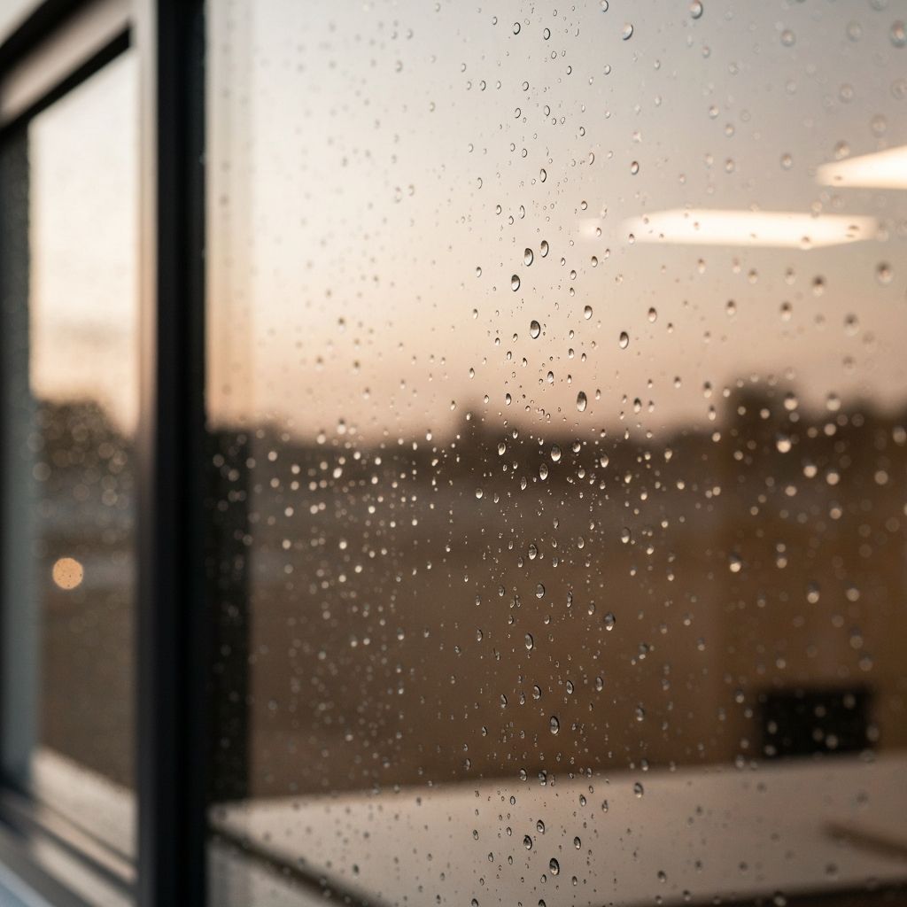 Window with raindrops and soft indoor light